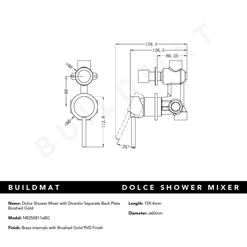 Dolce Shower Mixer with Divertor Separate Back Plate Brushed Gold