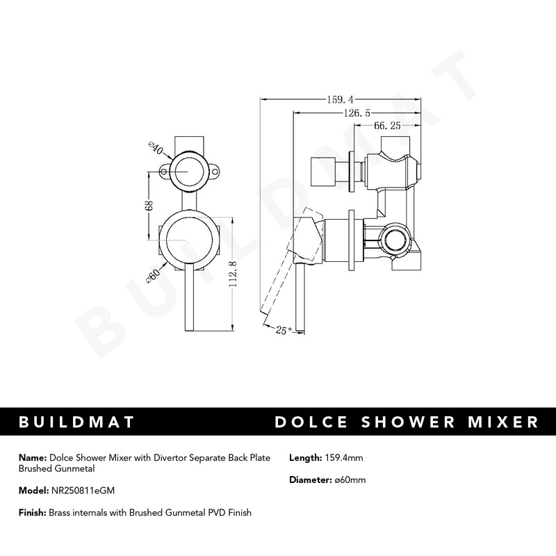 Dolce Shower Mixer with Divertor Separate Back Plate Brushed Gunmetal