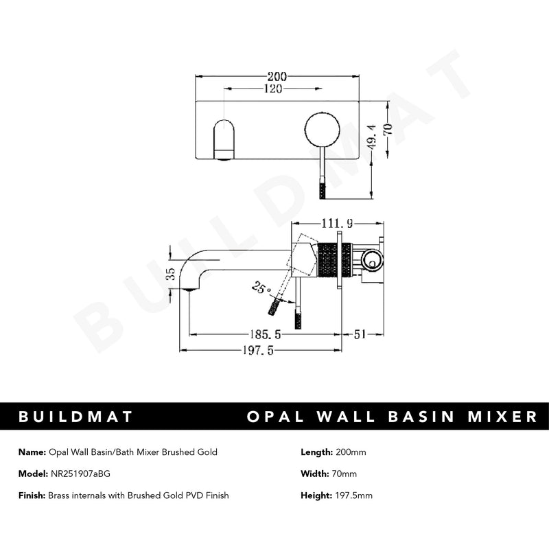 Opal Wall Basin/Bath Mixer 185mm Spout Brushed Gold