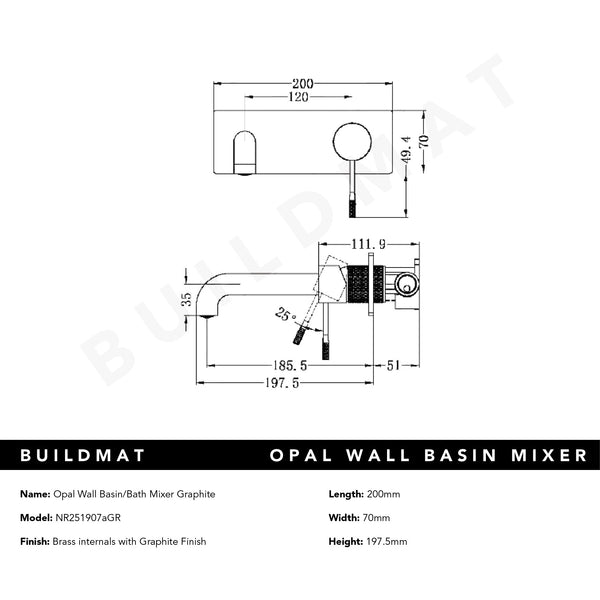 Nero Opal Wall Basin/Bath Mixer 185mm Spout Graphite