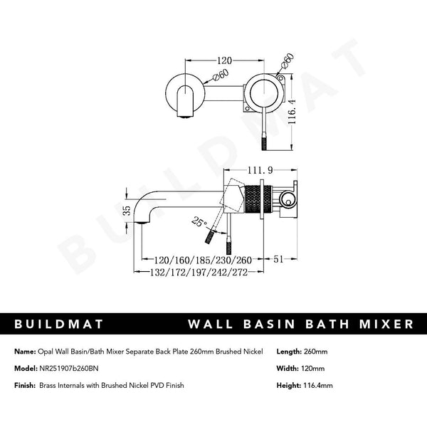 Nero Opal Wall Basin/Bath Mixer Separate Black Plate 260mm Spout Brushed Nickel