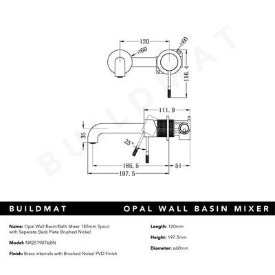 Opal Wall Basin/Bath Mixer 185mm Spout With Separate Back Plate Brushed Nickel