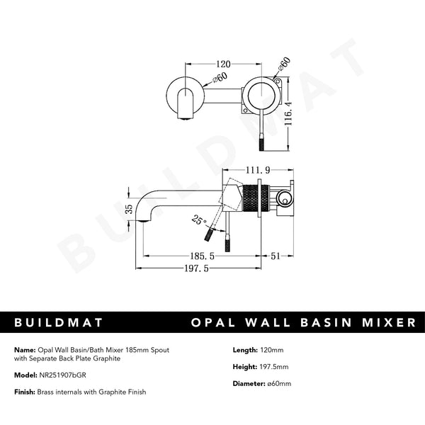 Nero Opal Wall Basin/Bath Mixer 185mm Spout With Separate Back Plate Graphite