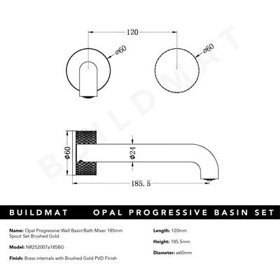 Opal Progressive Wall Basin/Bath Set 185mm Spout Brushed Gold