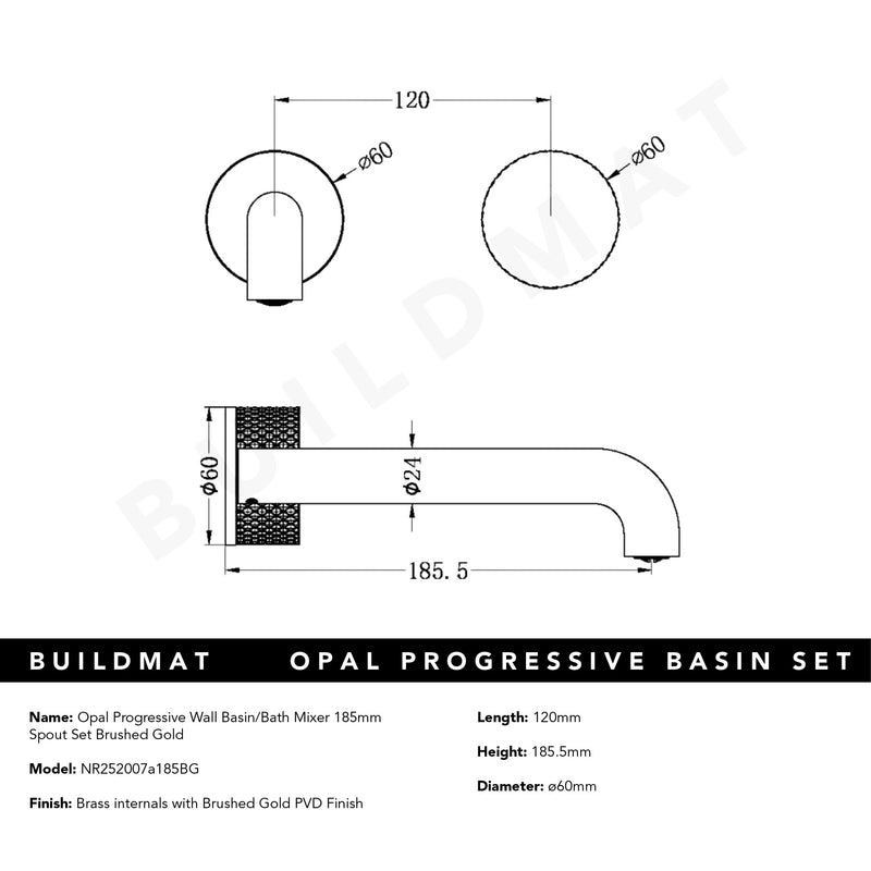 Opal Progressive Wall Basin/Bath Set 185mm Spout Brushed Gold