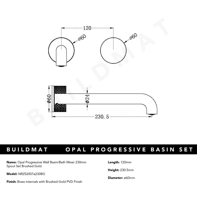 Opal Progressive Wall Basin/Bath Set 230mm Spout Brushed Gold