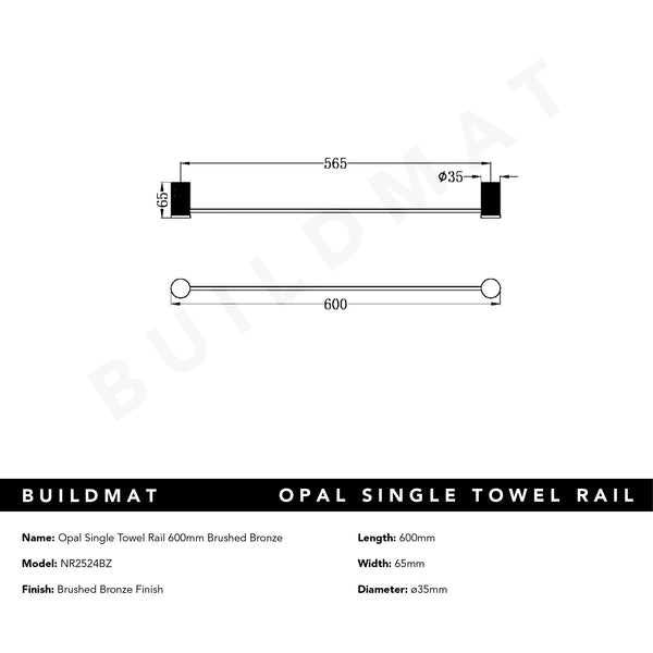 Nero Opal Single Towel Rail 600mm Brushed Bronze