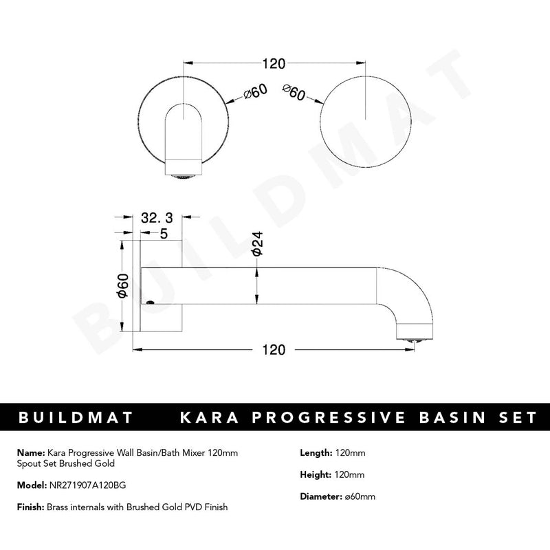 Kara Progressive Wall Basin/Bath Set 120mm Brushed Gold