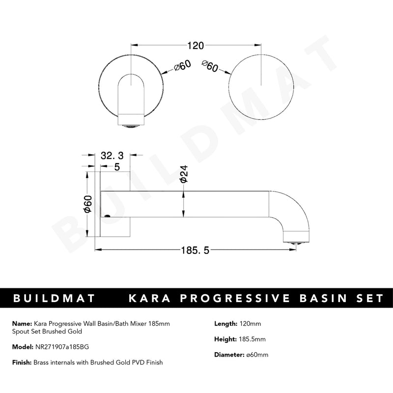 Kara Progressive Wall Basin/Bath Set 185mm Brushed Gold