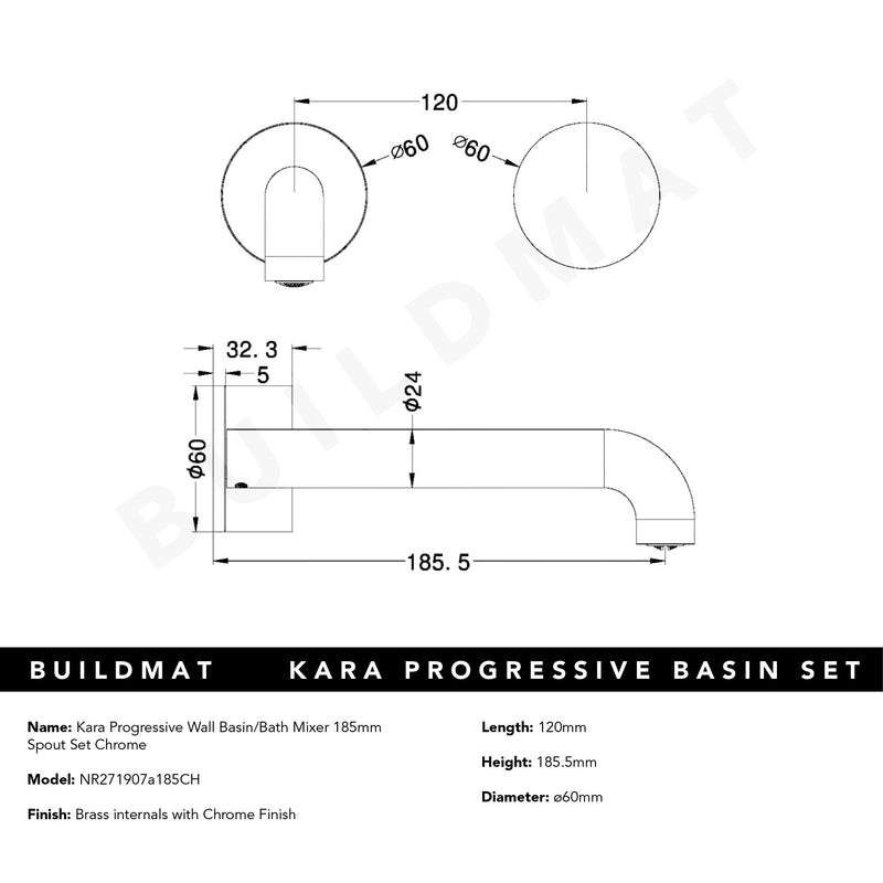Kara Progressive Wall Basin/Bath Set 185mm Chrome