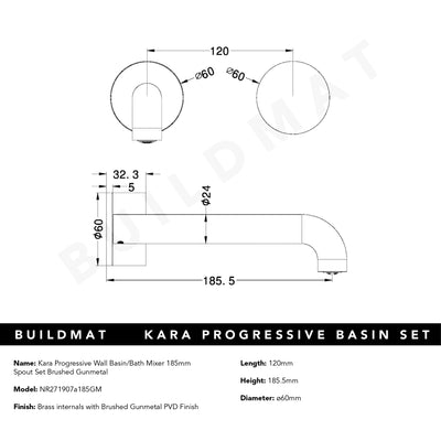 Kara Progressive Wall Basin/Bath Set 185mm Brushed Gunmetal