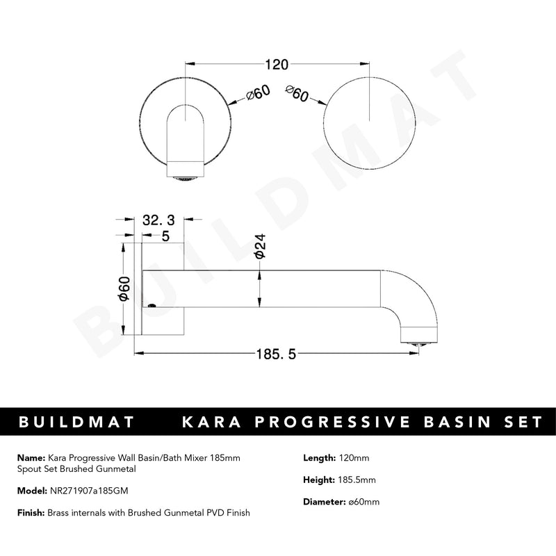 Kara Progressive Wall Basin/Bath Set 185mm Brushed Gunmetal