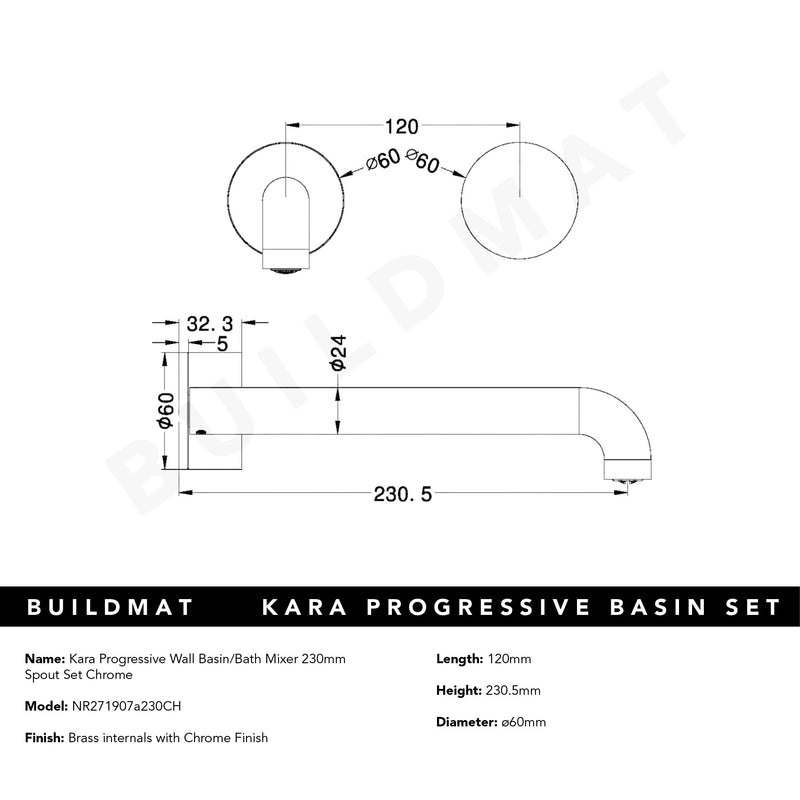 Kara Progressive Wall Basin/Bath Set 230mm Chrome