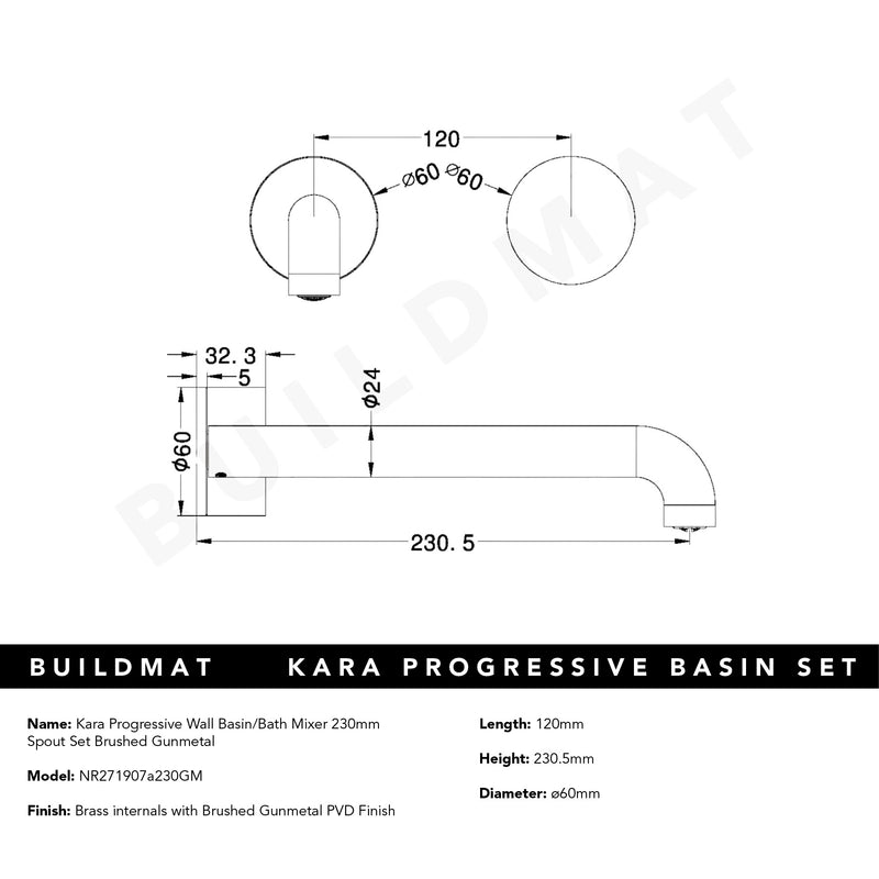 Kara Progressive Wall Basin/Bath Set 230mm Brushed Gunmetal