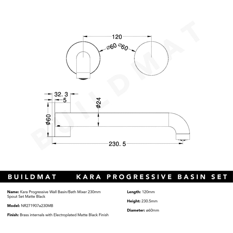 Kara Progressive Wall Basin/Bath Set 230mm Matte Black