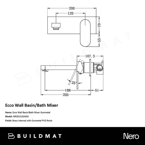 Nero Ecco Wall Basin/Bath Mixer 200mm Gunmetal