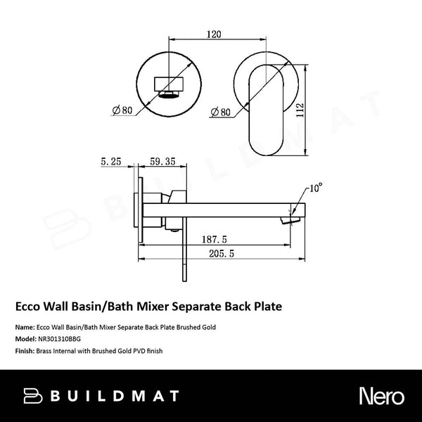 Nero Ecco Wall Basin/Bath Mixer Separate Back Plate 200mm Brushed Gold