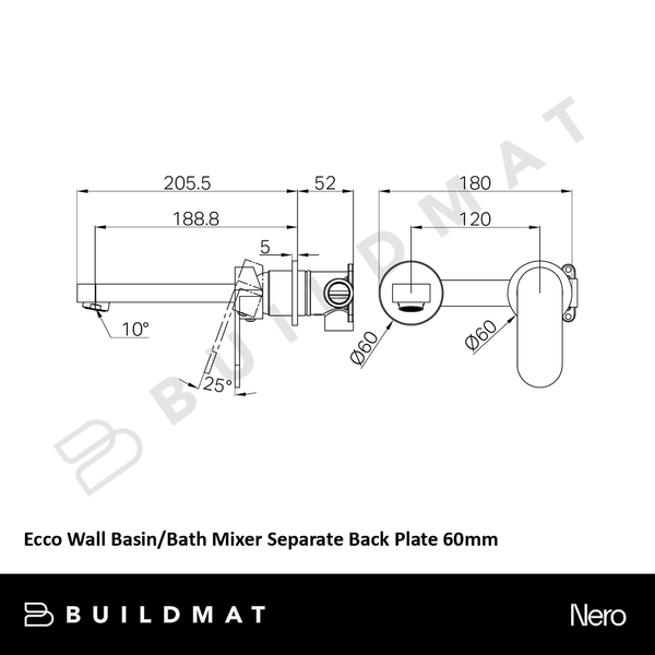 Nero Ecco Wall Basin/Bath Mixer Separate Back Plate 60mm Brushed Gold