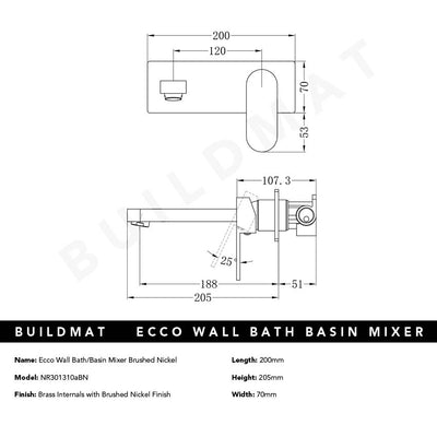 Ecco Wall Basin/Bath Mixer 200mm Brushed Nickel