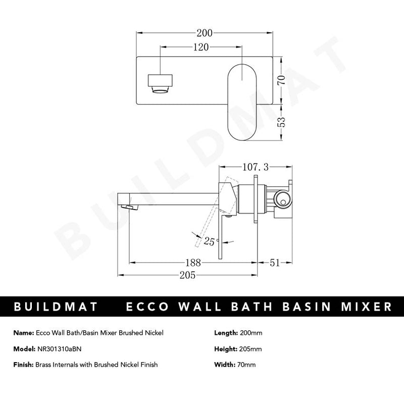 Ecco Wall Basin/Bath Mixer 200mm Brushed Nickel