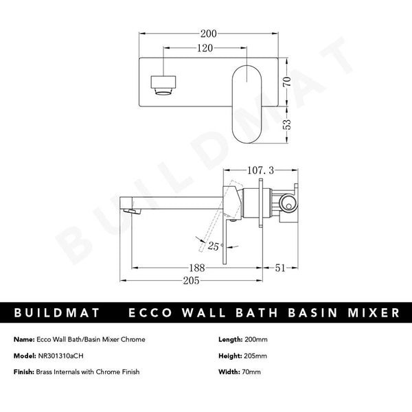 Nero Ecco Wall Basin/Bath Mixer 200mm Chrome
