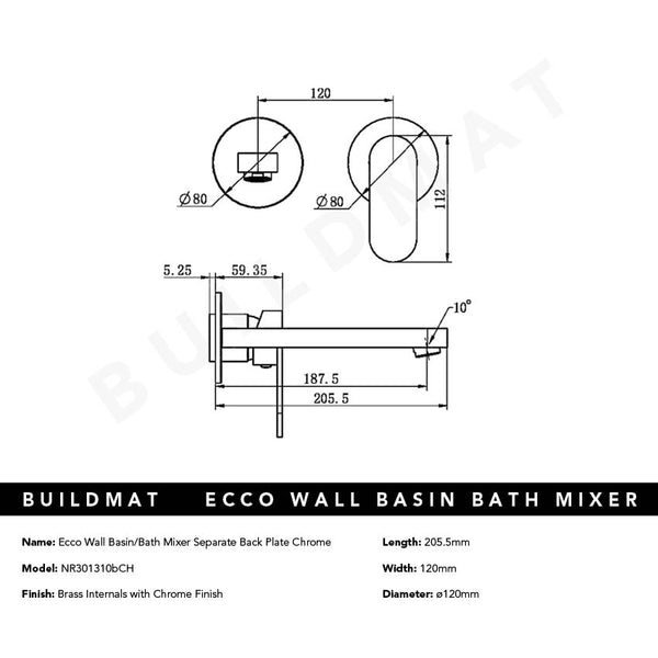 Nero Ecco Wall Basin/Bath Mixer Separate Back Plate 200mm Chrome