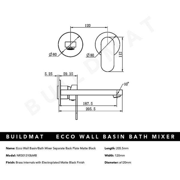 Nero Ecco Wall Basin/Bath Mixer Separate Back Plate 200mm Matte Black