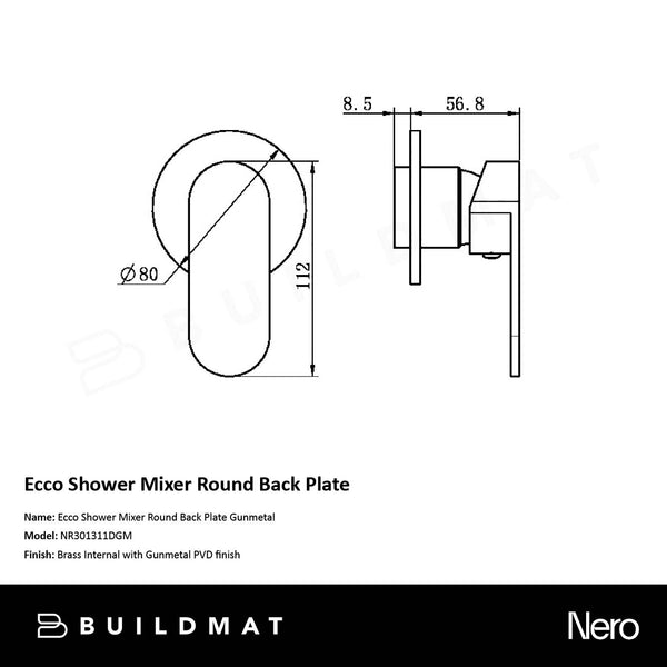 Nero Ecco Shower Mixer Round Back Plate Gunmetal