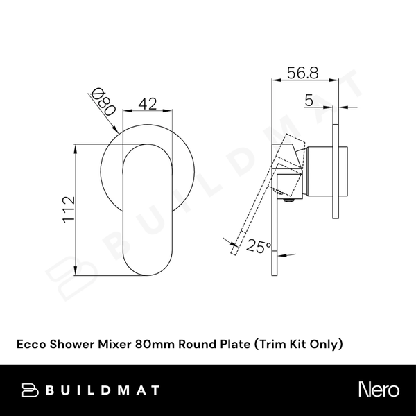 Nero Ecco Shower Mixer 80mm Round Plate (Trim Kit Only) Matte Black