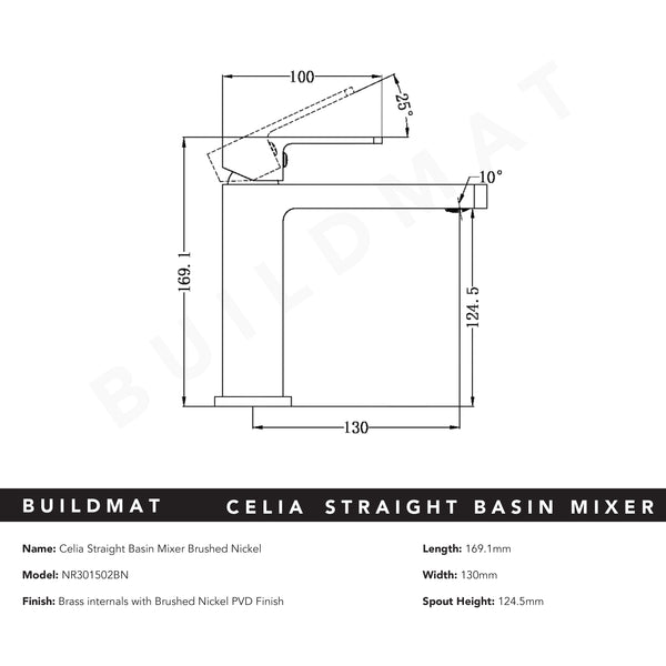 Nero Celia Straight Basin Mixer Brushed Nickel