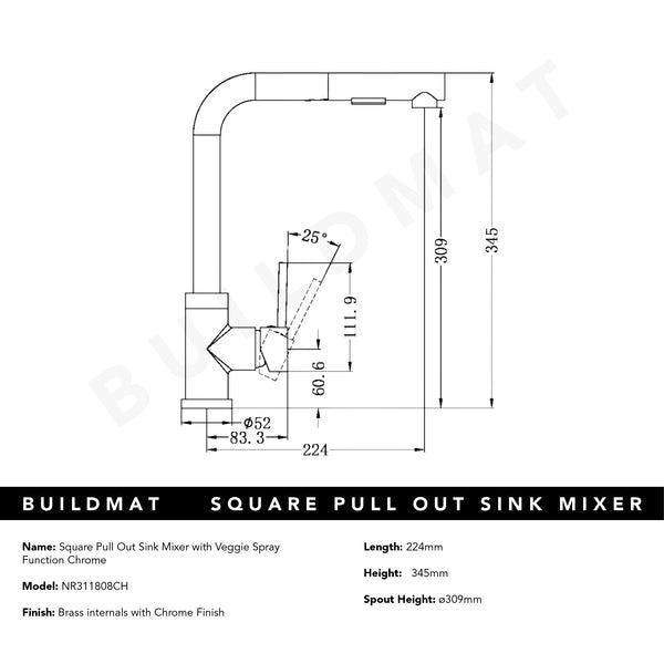 Nero Square Pull Out Sink Mixer With Veggie Spray Function Chrome