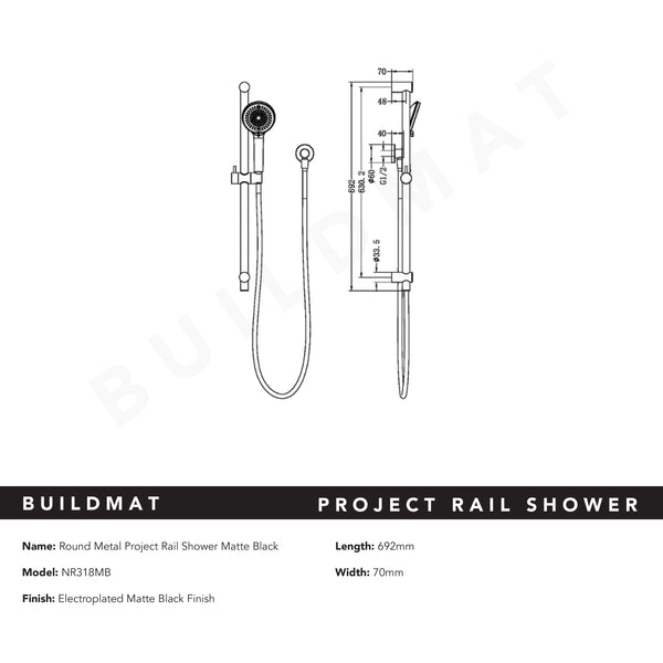 Nero Round Metal Project Rail Shower Matte Black