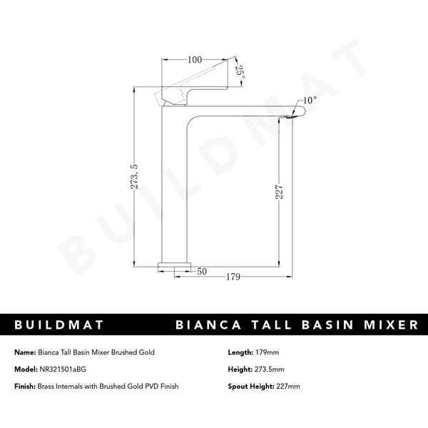 Nero Bianca Tall Basin Mixer Brushed Gold