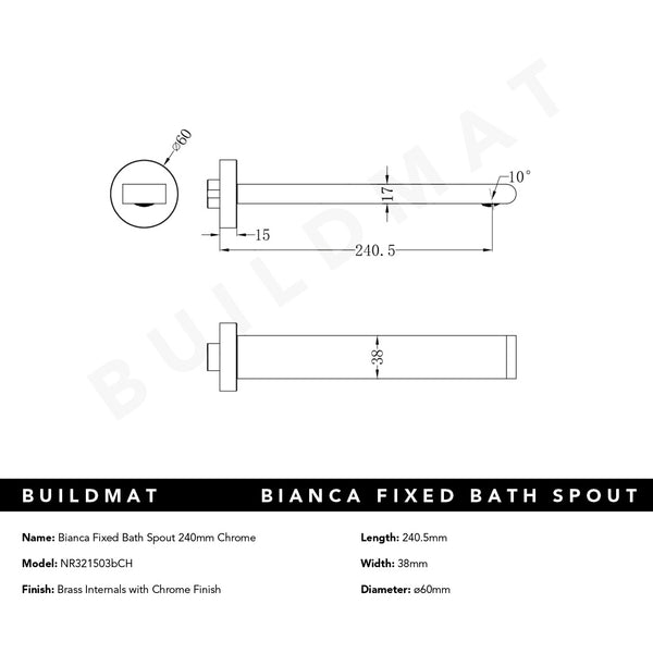 Nero Bianca Bath Spout 240mm Chrome