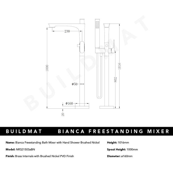 Nero Bianca Freestanding Bath Mixer with Hand Shower Brushed Nickel