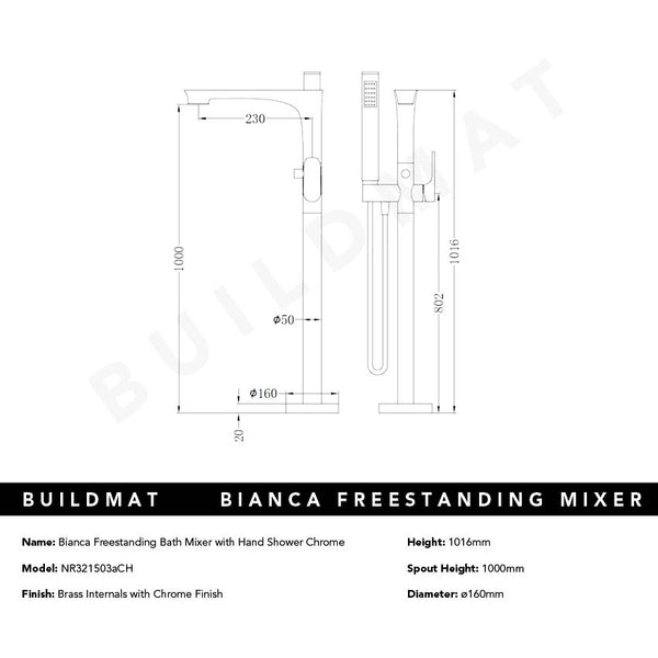 Nero Bianca Freestanding Bath Mixer with Hand Shower Chrome