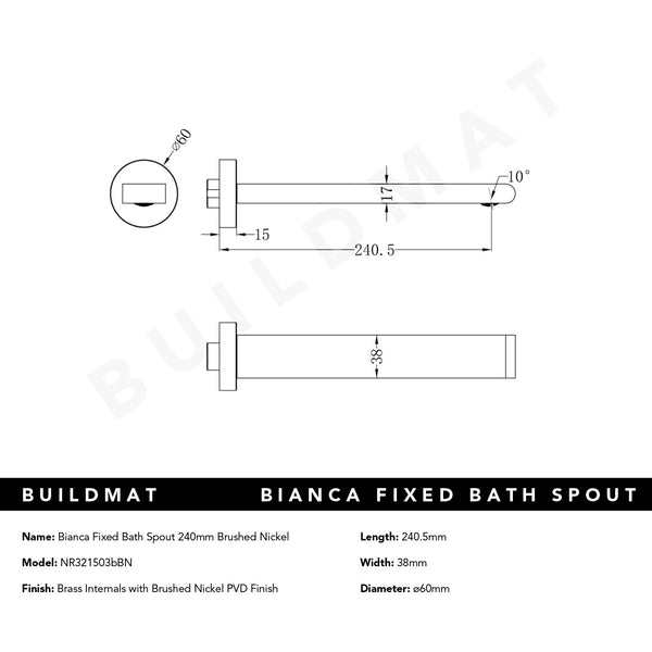 Nero Bianca Bath Spout 240mm Brushed Nickel