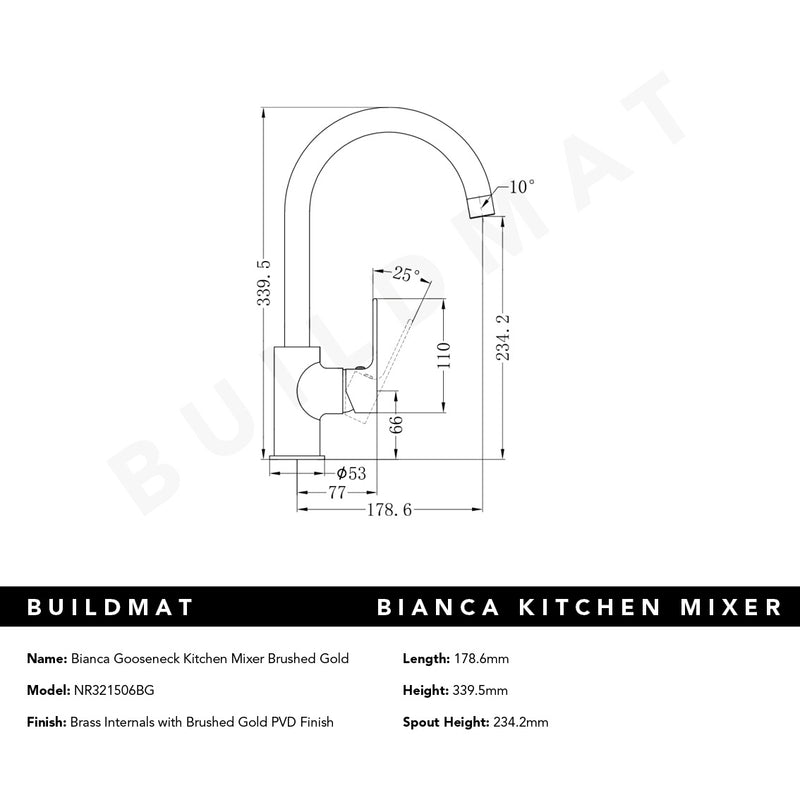 Bianca Kitchen Mixer Gooseneck Spout Brushed Gold