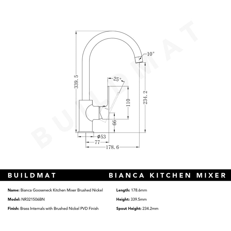 Bianca Kitchen Mixer Gooseneck Spout Brushed Nickel
