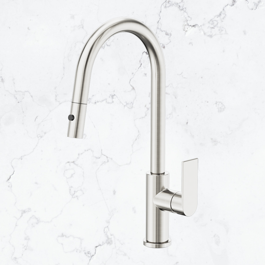 Nero Bianca Pull Out Sink Laundry Tap Mixer with Vegie Spray Function Brushed Nickel