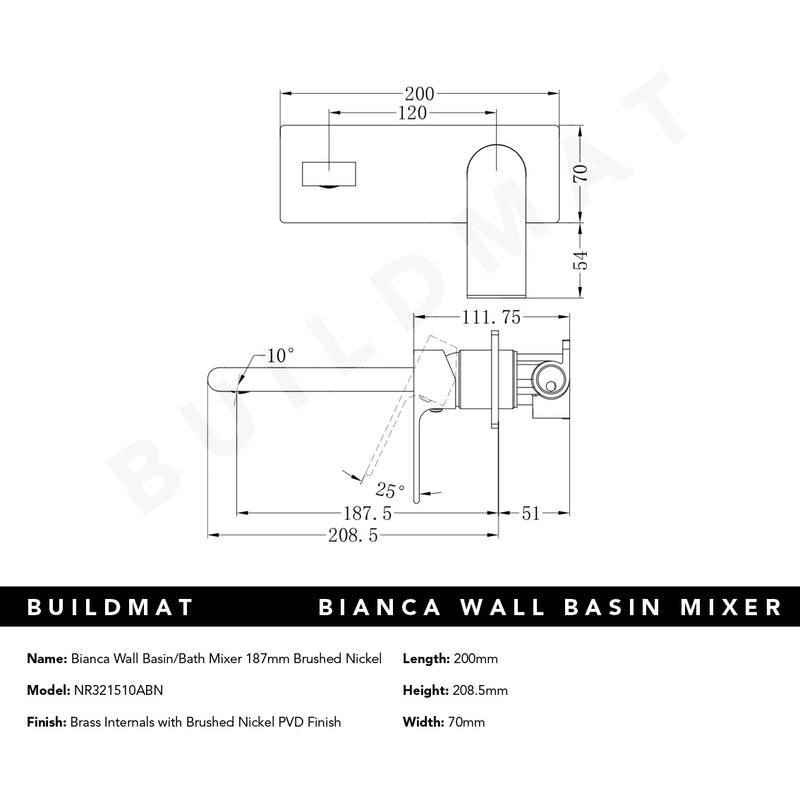 Bianca Wall Basin/Bath Mixer 187mm Brushed Nickel