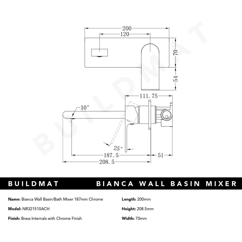 Bianca Wall Basin/Bath Mixer 187mm Chrome