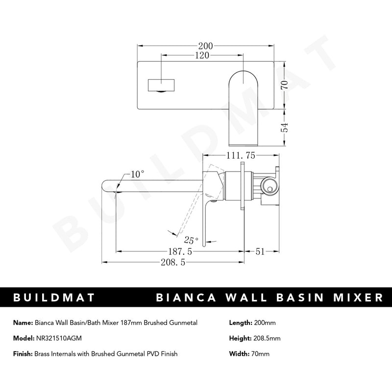 Bianca Wall Basin/Bath Mixer 187mm Brushed Gunmetal