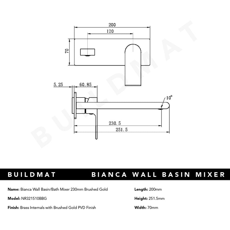 Bianca Wall Basin/Bath Mixer 230mm Brushed Gold