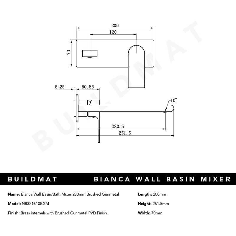 Bianca Wall Basin/Bath Mixer 230mm Brushed Gunmetal