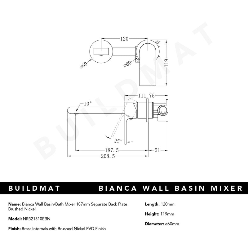 Bianca Wall Basin/Bath Mixer Separate Back Plate 187mm Brushed Nickel