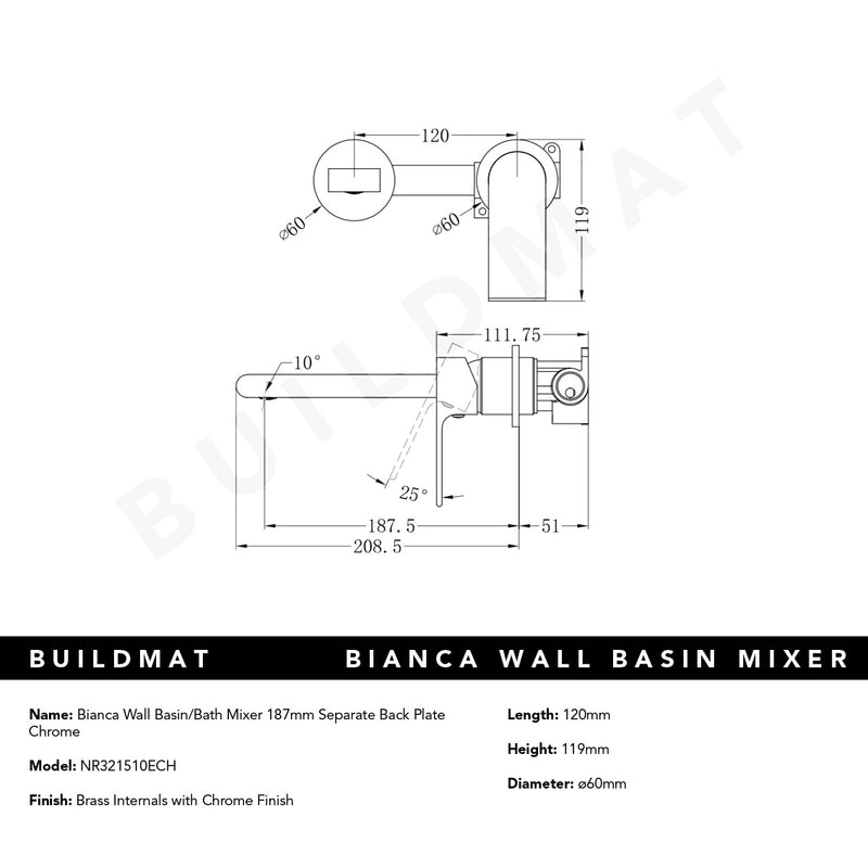 Bianca Wall Basin/Bath Mixer Separate Backplate 187mm Chrome
