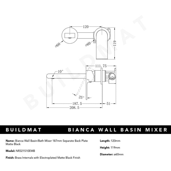 Nero Bianca Wall Basin/Bath Mixer Separate Back Plate 187mm Matte Black