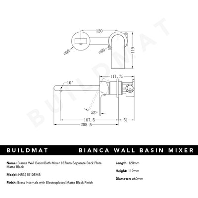 Bianca Wall Basin/Bath Mixer Separate Back Plate 187mm Matte Black