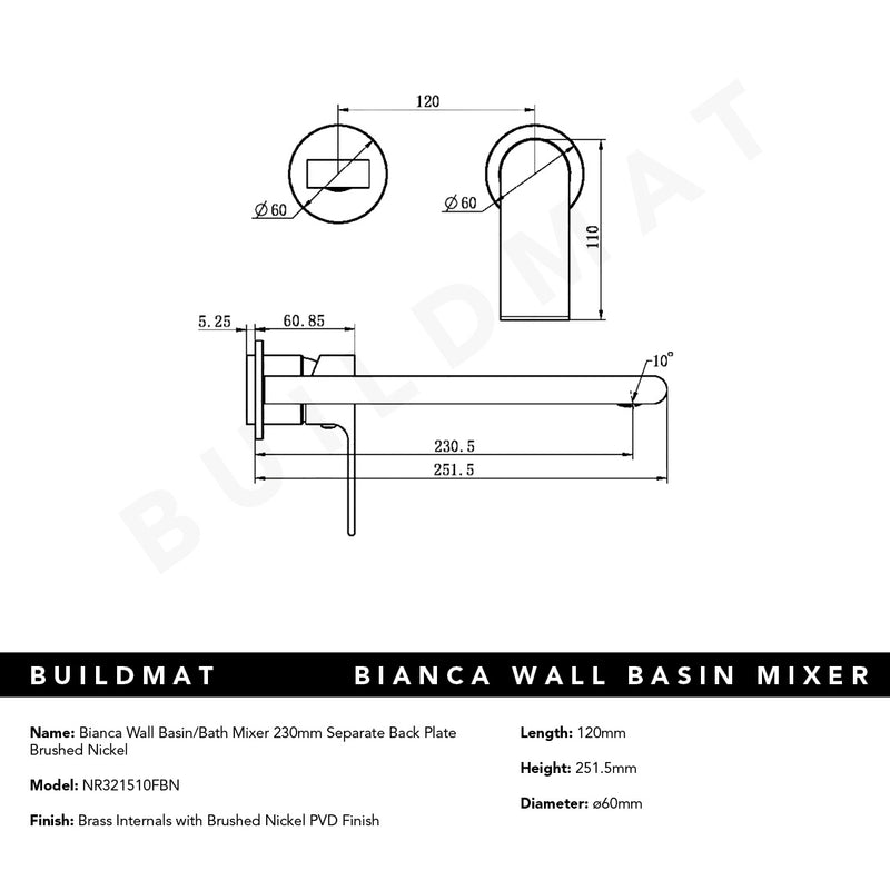 Bianca Wall Basin/Bath Mixer Separate Back Plate 230mm Brushed Nickel